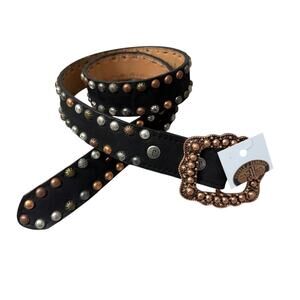 Double J Saddlery Belt 36 Moon Dust Leather Belt Black Studded Mixed Metal